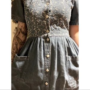 Vintage 90's Embroidered Denim Maxi Dress